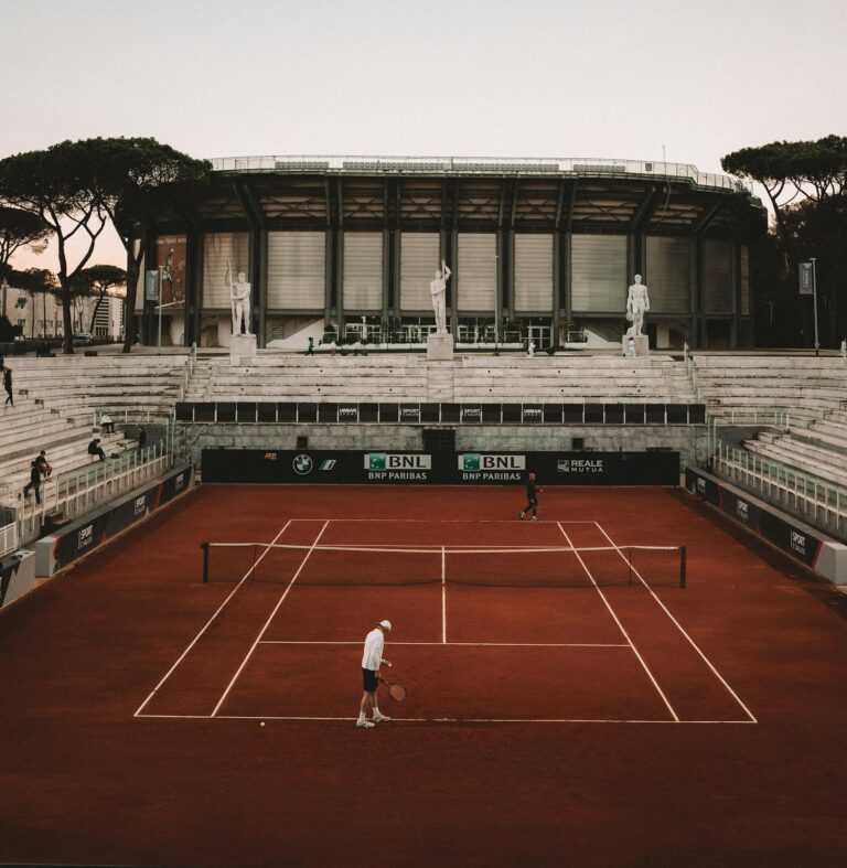 Aerial view of a tennis match at Foro Italico stadium in Rome, Italy.