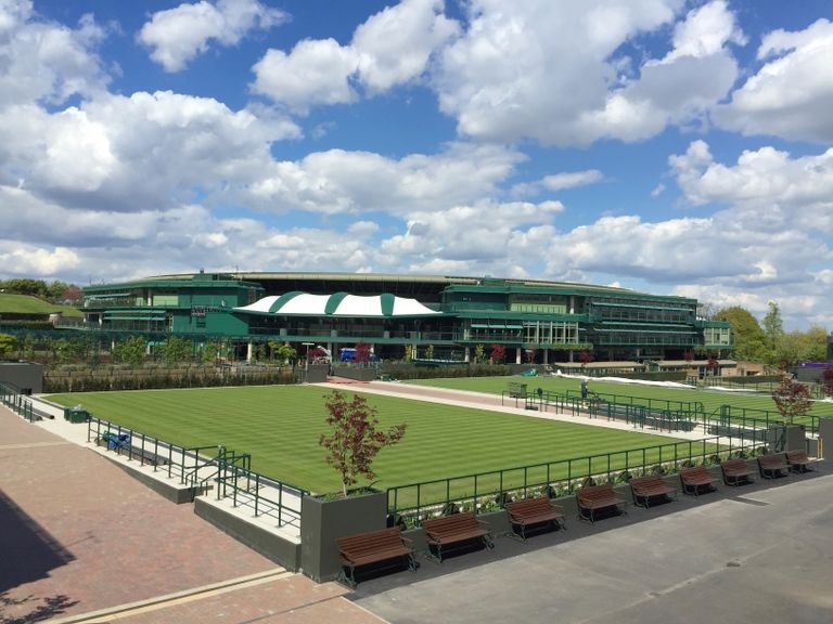 Exterior view of the Wimbledon tennis venue with a grassy area on a clear day, capturing its iconic architecture.